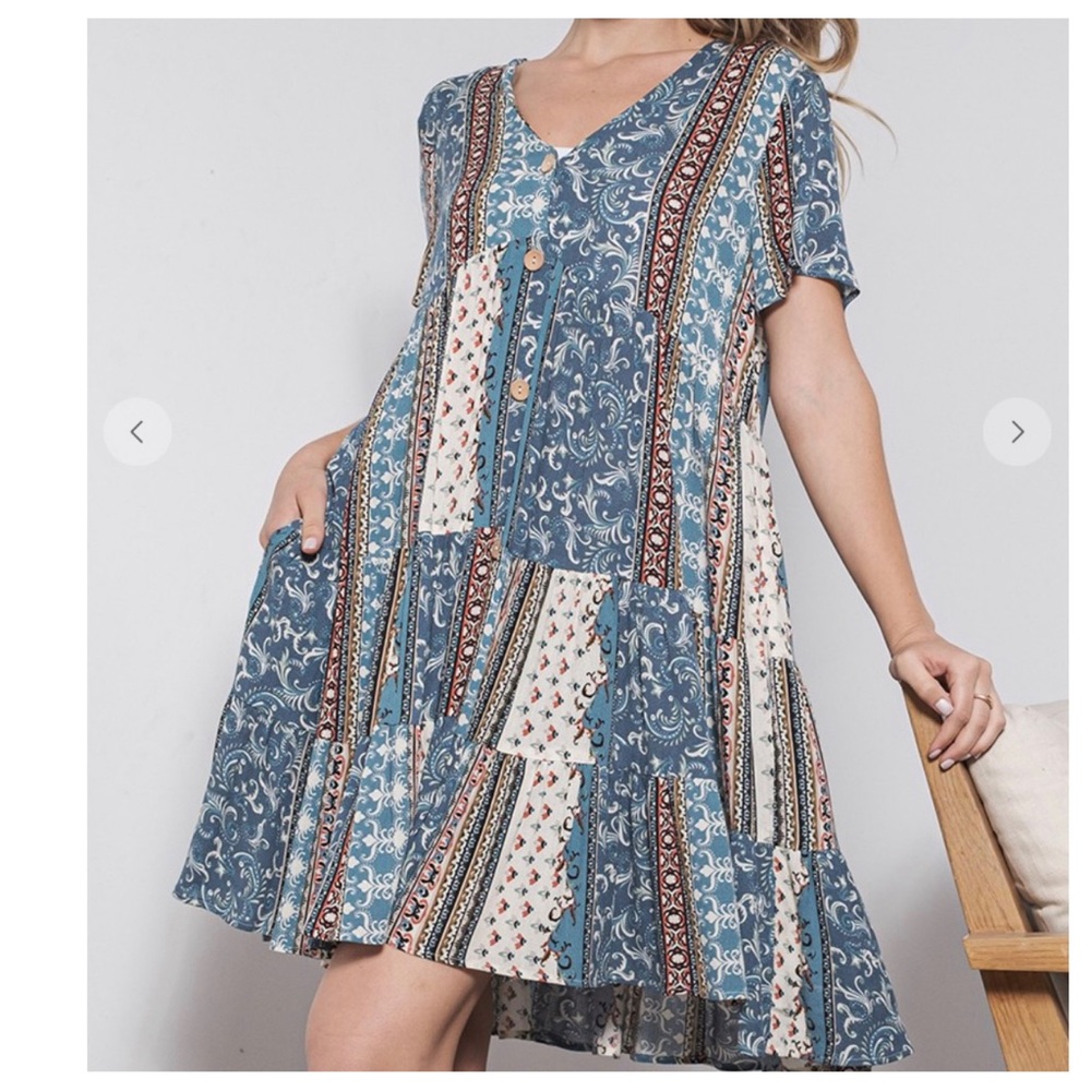 Boho V-Neck Border Print Tiered Mini Dress